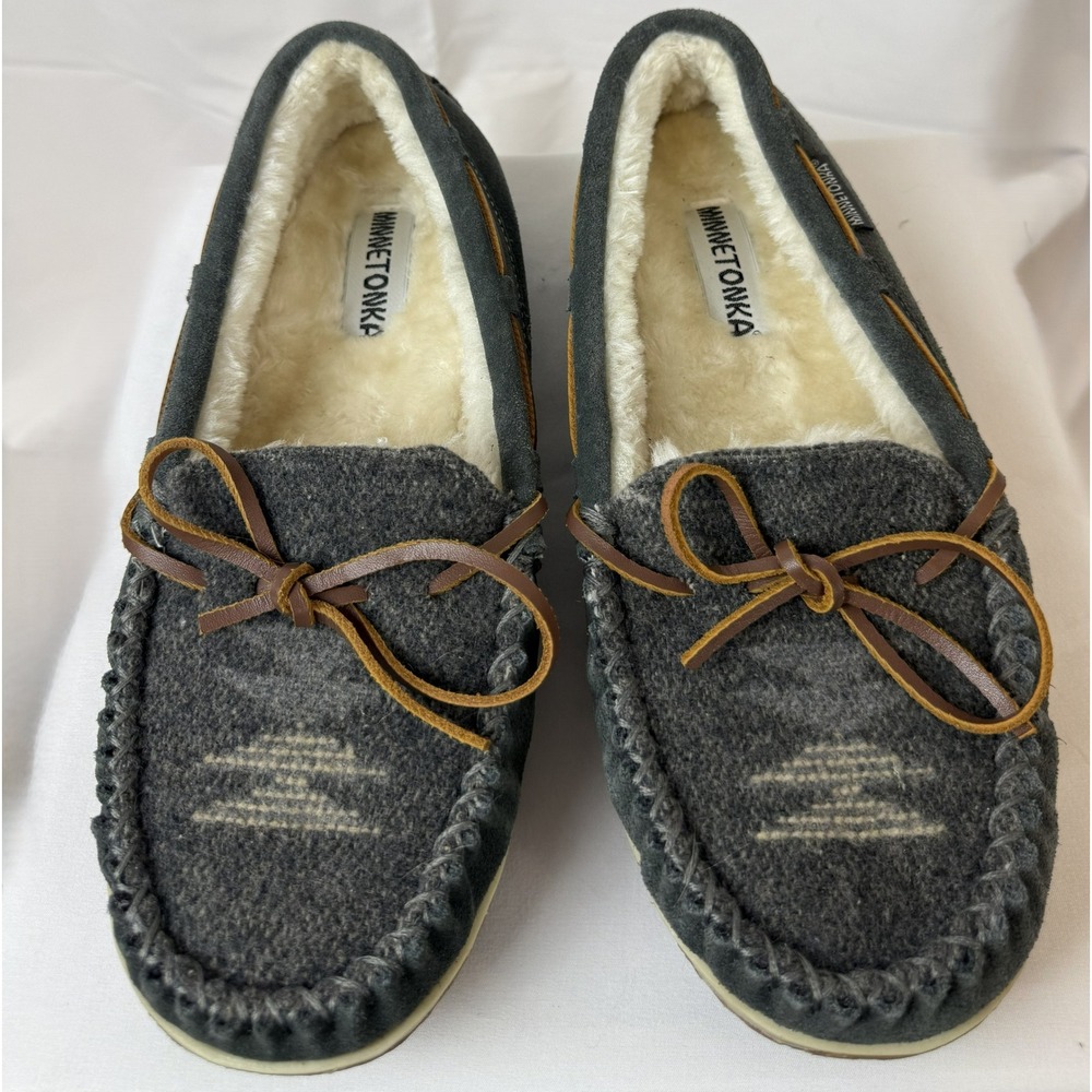 Minnetonka Suede Moccasin Slippers Gray w Southwestern Pattern-Women Size 11